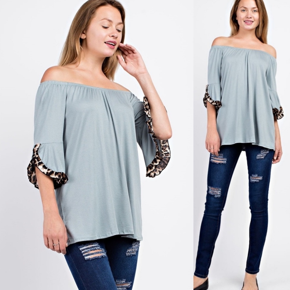 💙Gray Off or On Shoulder Tunic Top w/ Leopard - Picture 4 of 6